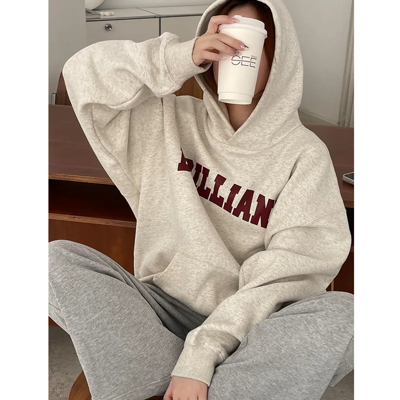 2024 White Gray Women Clothing Vintage Street Sweatshirt Hooded Y2K Letter Pullover Long Sleeves Warm Oversize Baggy Ladies Tops