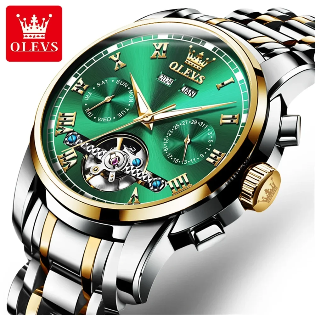 OLEVS Tourbillon Automatic Watch Men Luxury Steel Mechanical Watch Self Winding Watches for Men Waterproof Wristwatches