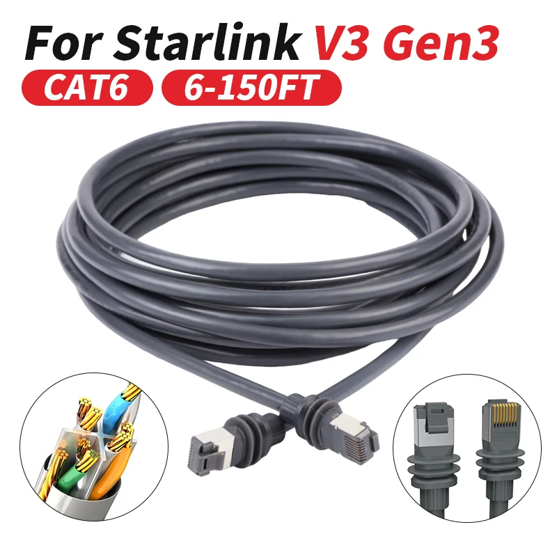 

6-150FT Ethernet Cable for Starlink Gen3 V3 Shielded Wire CAT6 Router Antenna RJ45 Line For Starlink Satellite Internet Kit V3