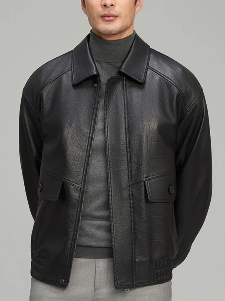 الأعمال عارضة نمط رفض طوق طويلة الأكمام سترة جلدية حقيقية بلون سستة فضفاضة الذكور ملابس خارجية من جلد الغنم #4