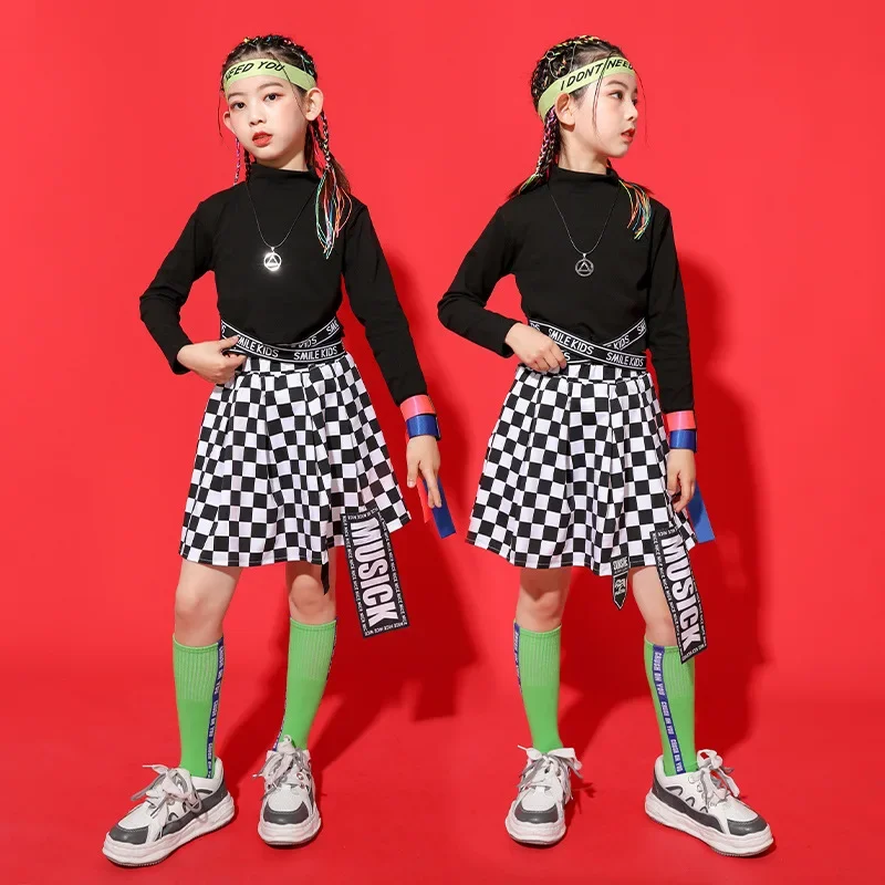 Traje de Dança da menina com Mock Neck, Top Colheita Cruzada, Camiseta de Manga Longa, Streetwear, Roupa de Saia Quadriculada, Kpop Hip Hop Vestuário Infantil