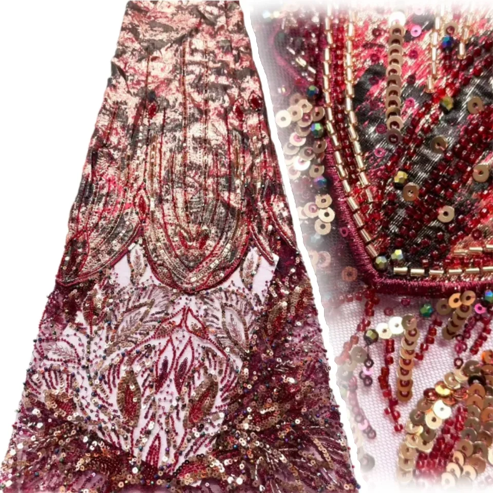 

Red Latest Best Quality Elegant Soft Mesh Sequined Lace with Beaded Sequins Fabric for Wedding Evening Dress 2035