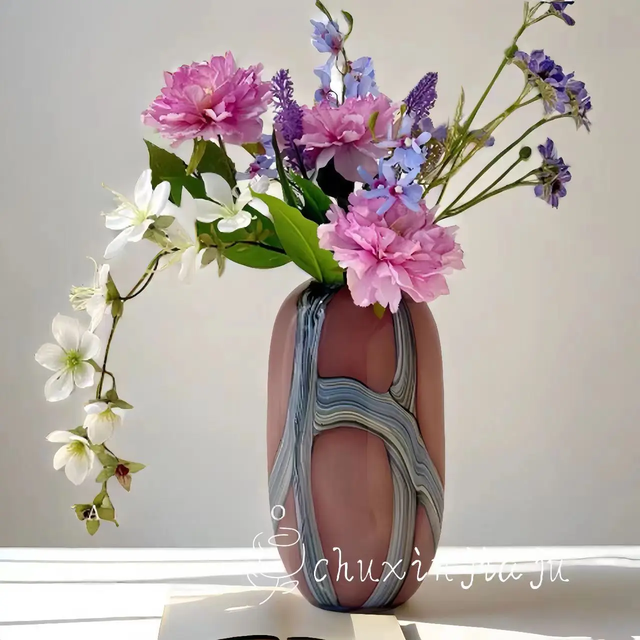 Medieval glazed vase, living room entrance decorative ornament, striped texture glass flower arrangement