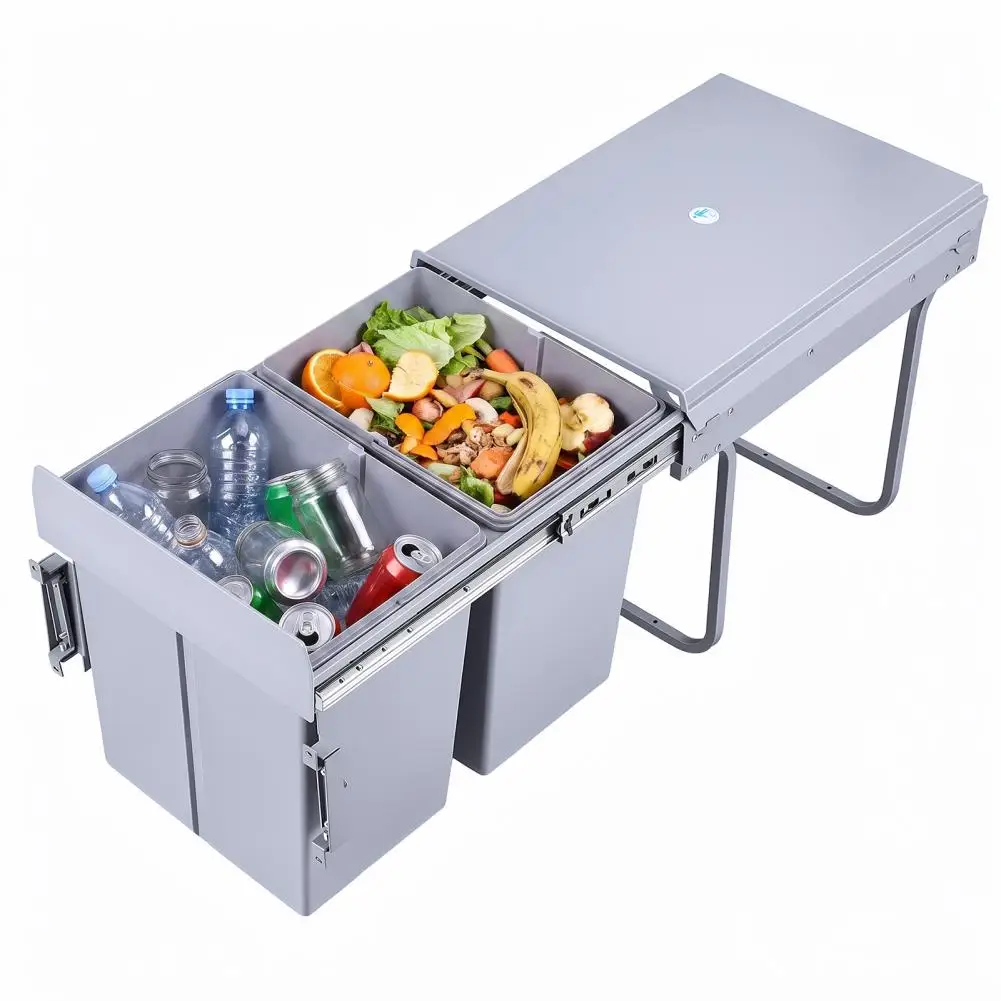 40L Double Pull Out Trash Cans, Under‑Cabinet Sliding Recycling Waste Bin with Lid, Hidden Kitchen Garbage Can