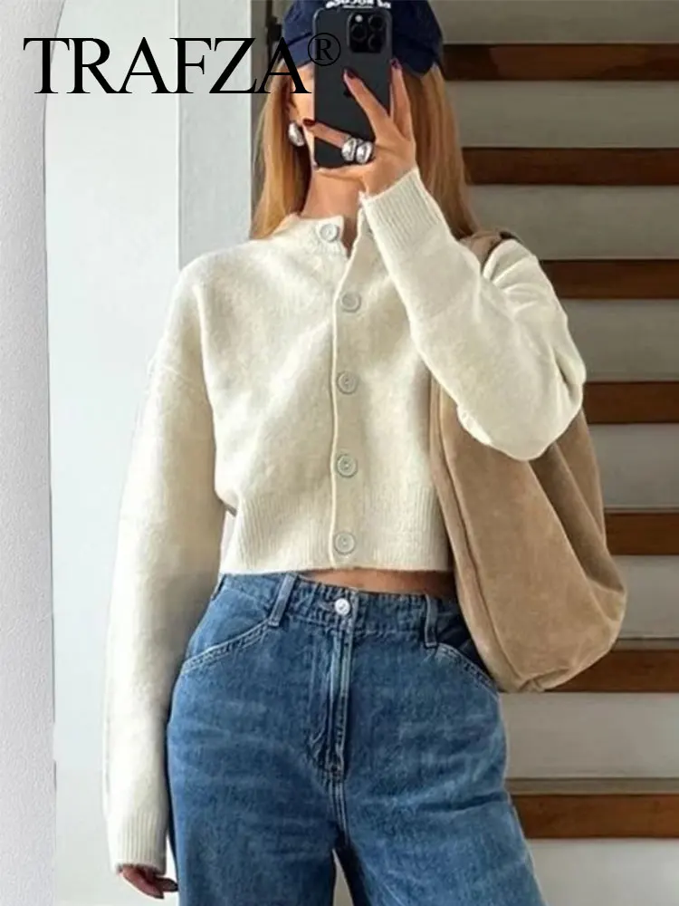 TRAFZA Women's Fashion Cardigan Knitted O Neck Long Sleeves Slim Short Sweater Female Buttons Wild Basic Outerwear Woman Tops