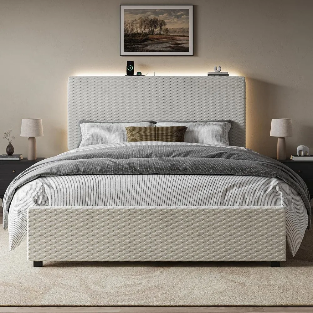 

Full Size Bed Frame with Storage Headboard, Upholstered Platform Bed Frame with LED Lights and Charging Station, Heavy Duty Full