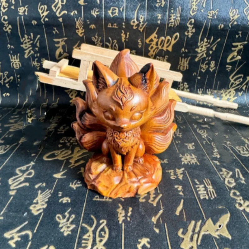 Natural Lightning-Struck Jujube Wood Nine-Tailed Fox Statue - Taoist Ritual Handheld Piece & Home Desktop Display
