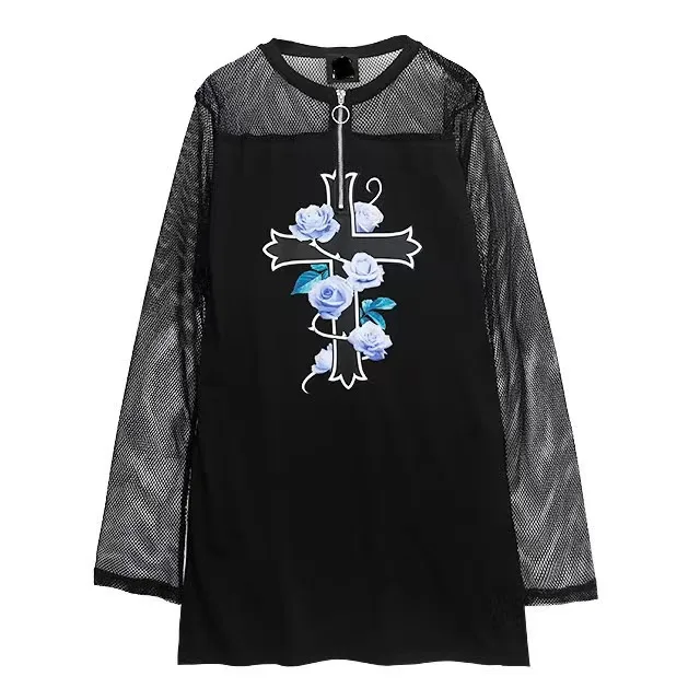 Sub-cultura Mine Style Mesh T Dress per le donne 2024 primavera estate New Gothic Loose Rose Cross manica corta Midi T-shirt abiti