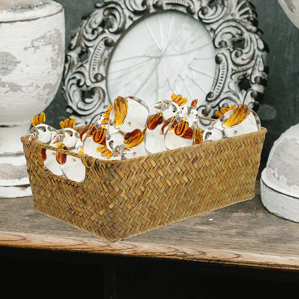 

Grass Woven Storage Basket Rectangular Straw Iron Material Multi-functional Organizer Natural Decorative for Home Office Clothes