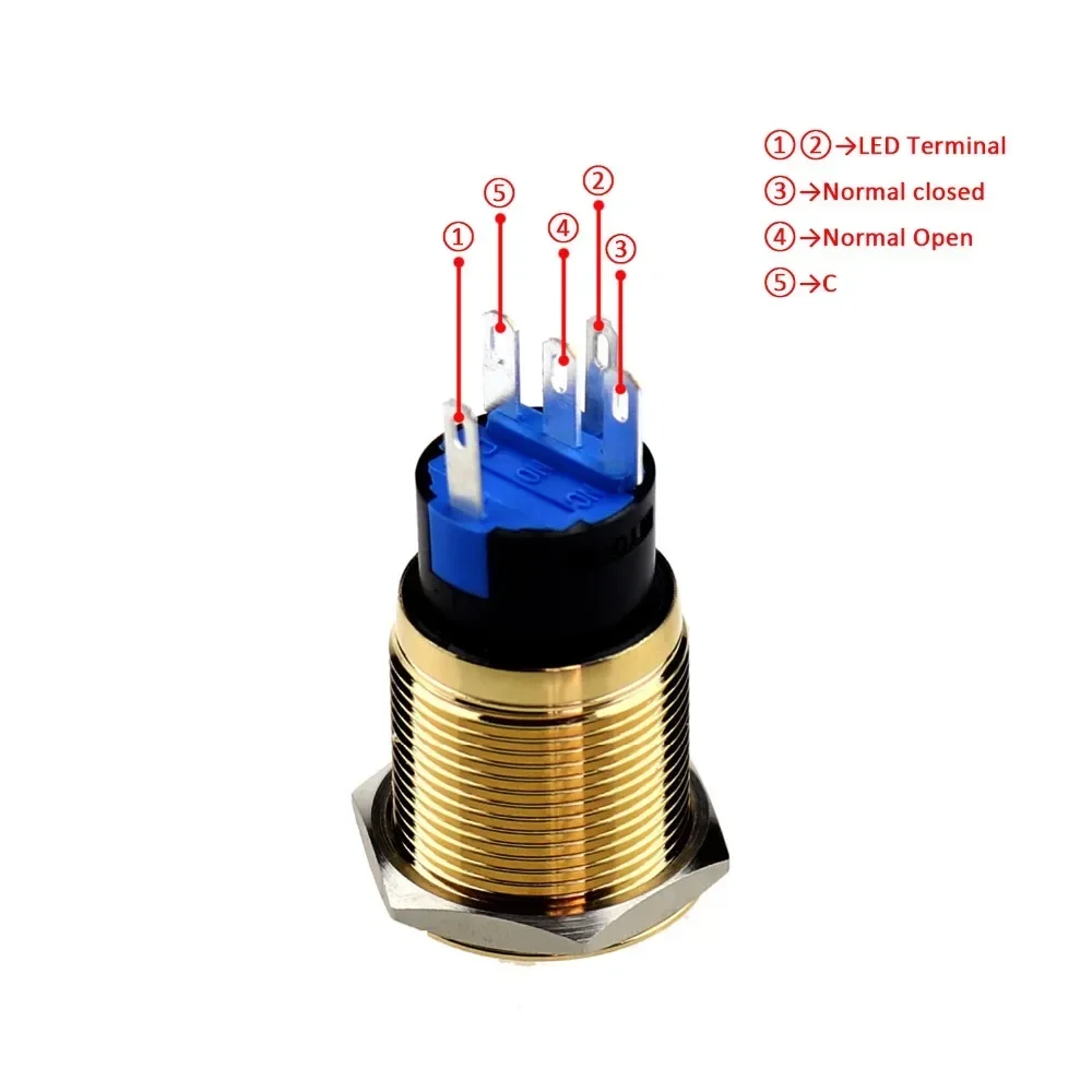 YUESHUN 19mm Gold Plated Brass Illuminated Push Button Switches Waterproof Metal LED Momentary Latching Switches