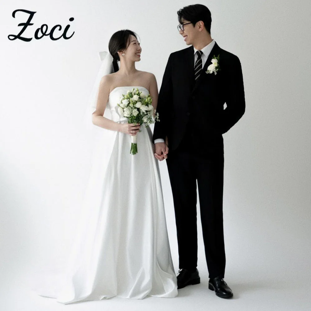 

Zoci Vintage Strapless Korea Wedding Dresses Customized Satin A Line Sleeveless Bride Dress Photos Shoot Wedding Reception Gown