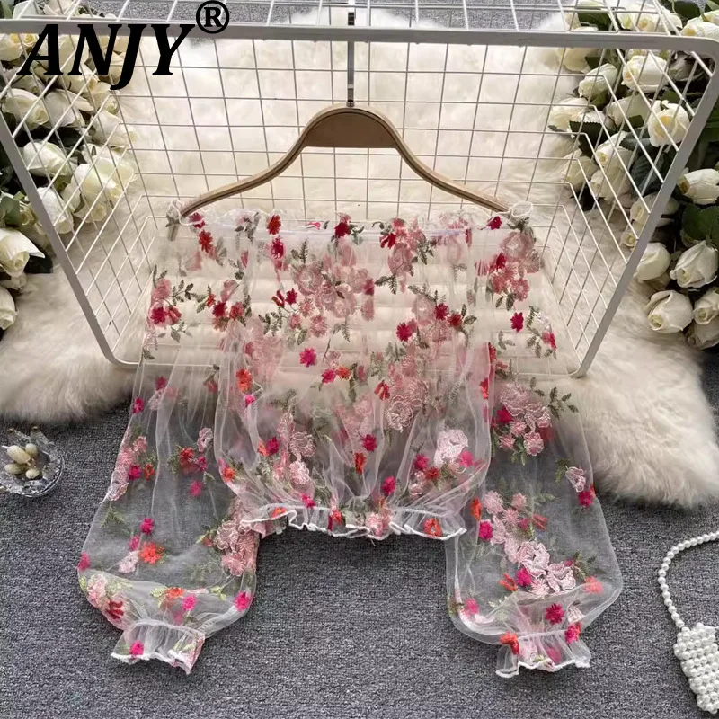 

ANJY Summer New Woman Off-Shoulder Mesh Embroidered Sheer Trendy Long Sleeve Shirts Niche Chic Casual Lace Short Tops Ins A20057