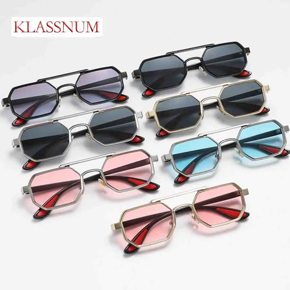 

KLASSNUM Vintage Metal Polygon Sunglasses Men Steampunk Double Bridge Glasses Male Unique Geometric Shades UV400 Driving Eyewear