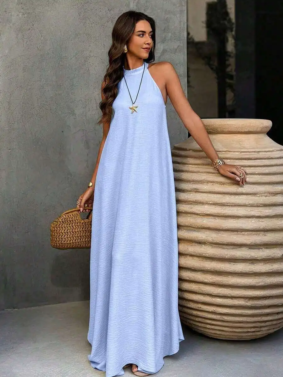 

Bohemian Halter Neck Backless A-Line Maxi Dress For Beach Vacation