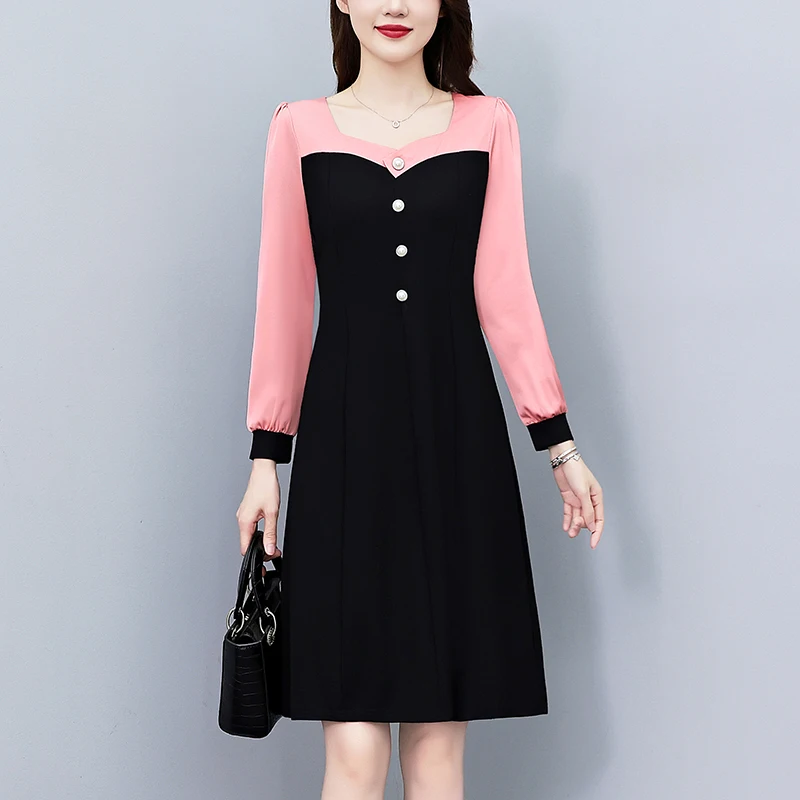 

Women Cotton Dresses Female Square Collar Long Sleeve Large Size Elegant Autumn ​Winter Black Patchwork Knee Length Slim Vestido