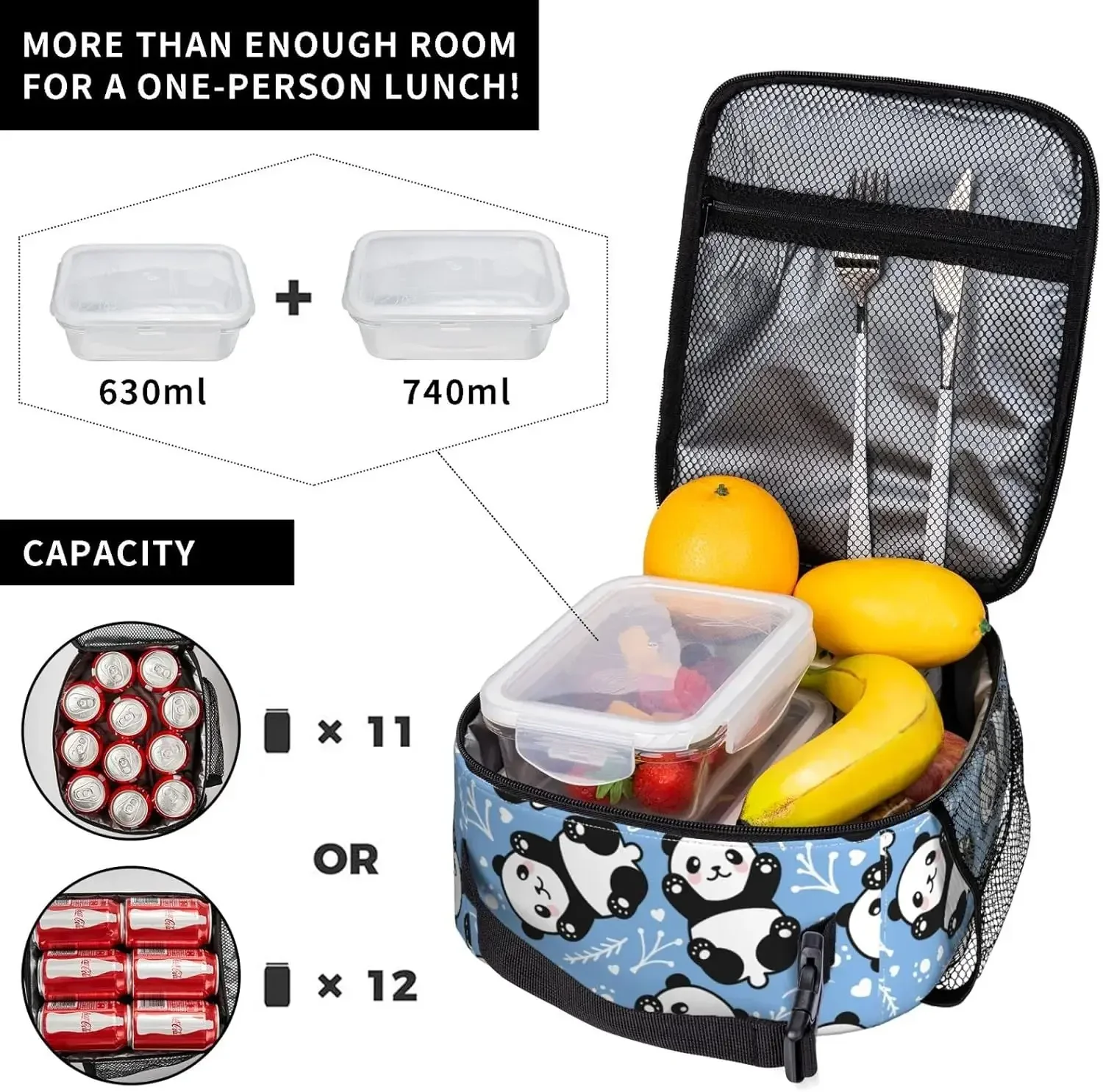 Cute Panda Lunch Box Insulated Lunch Bag Detachable Handle Lunchbox Thermal Meal Tote Bag for Travel Picnic Office Work Outdoor