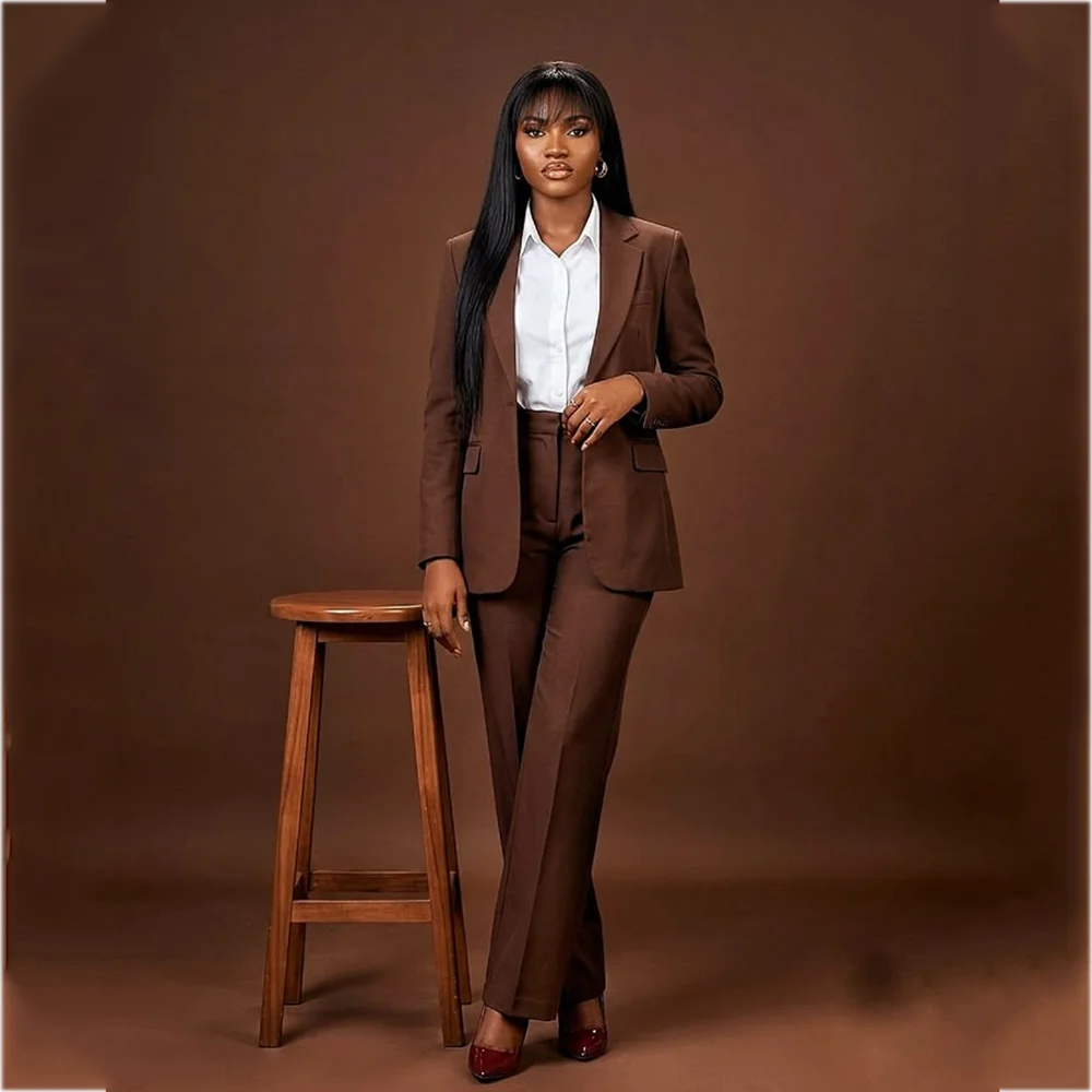 Women Brown Two Pieces Suit Set Notched Lapel Blazer Pants Elegant Formal Business Outfit For Office Interview Daily Wear