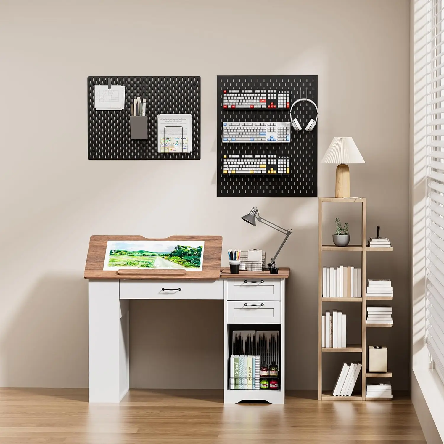 Drafting Table with Storage Cabinet & Drawers, Adjustable Drawing Table with Open Shelves, Craft Art Desk for, Customized view 2