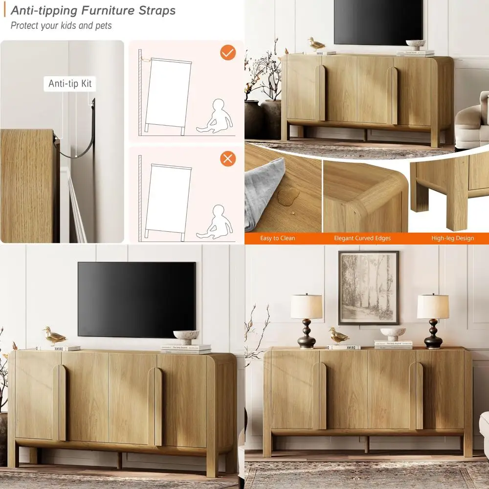 Large 63 Wide Walnut Curved Sideboard with Storage, Ideal for Dining & Living Rooms