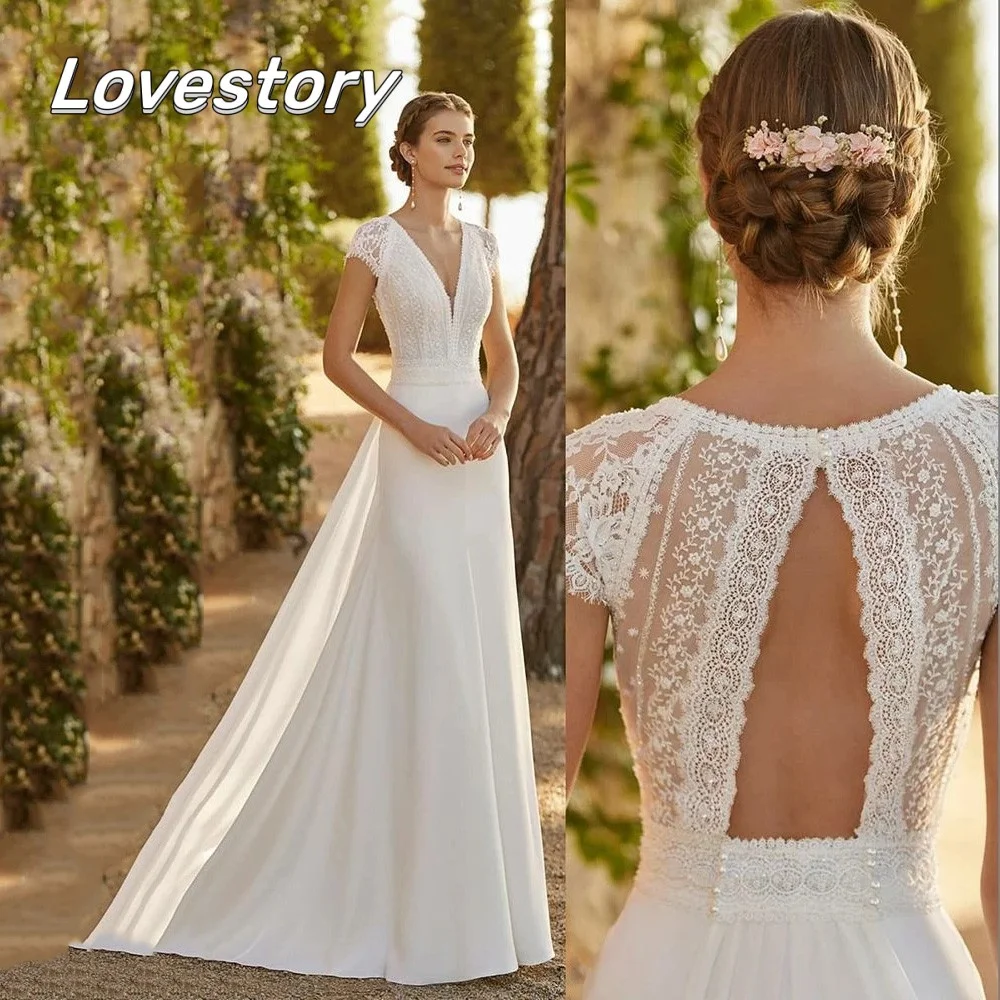 Koronka w kolorze kości słoniowej satynowe nowoczesne suknie ślubne z odpinanym pociągiem dekolt w serek rękawy Cap Bride suknie Plus rozmiar wycięcie Vestidos De Noiva