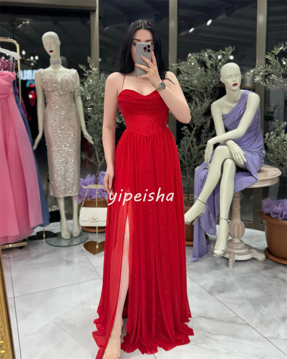 Vestidos largos personalizados de alta calidad, moda de gasa con lentejuelas y plisado, corte en A, cuello Halter, vestidos para ocasiones a medida, elegantes a juego