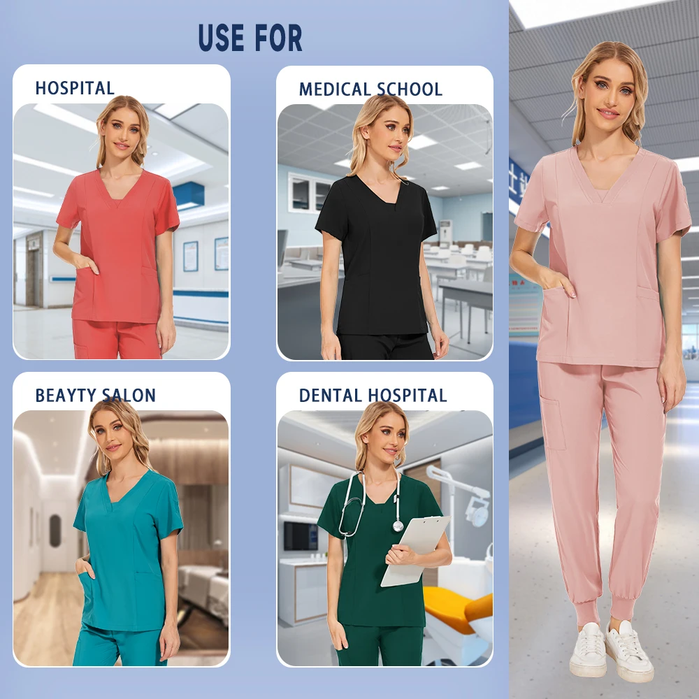 Uniformes médicos femininos, conjuntos elásticos, roupas cirúrgicas, tops de manga curta, calças, acessórios de enfermagem, roupas de enfermeira hospitalar