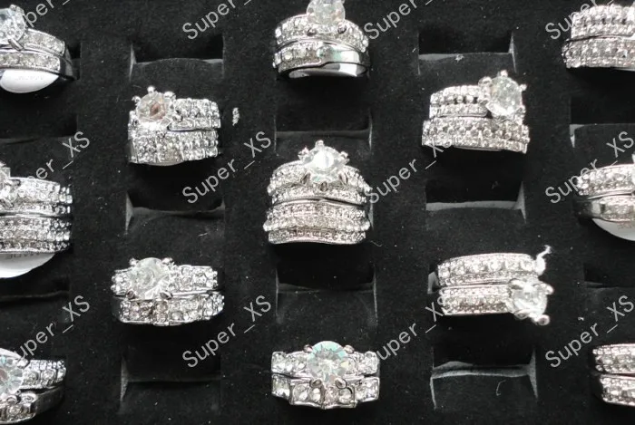 20Pcs / 10 Pairs Hot! 2 in 1 Zircon Rhinestones Silver Rings For Women Whole Jewelry Bulk Lots  LR154