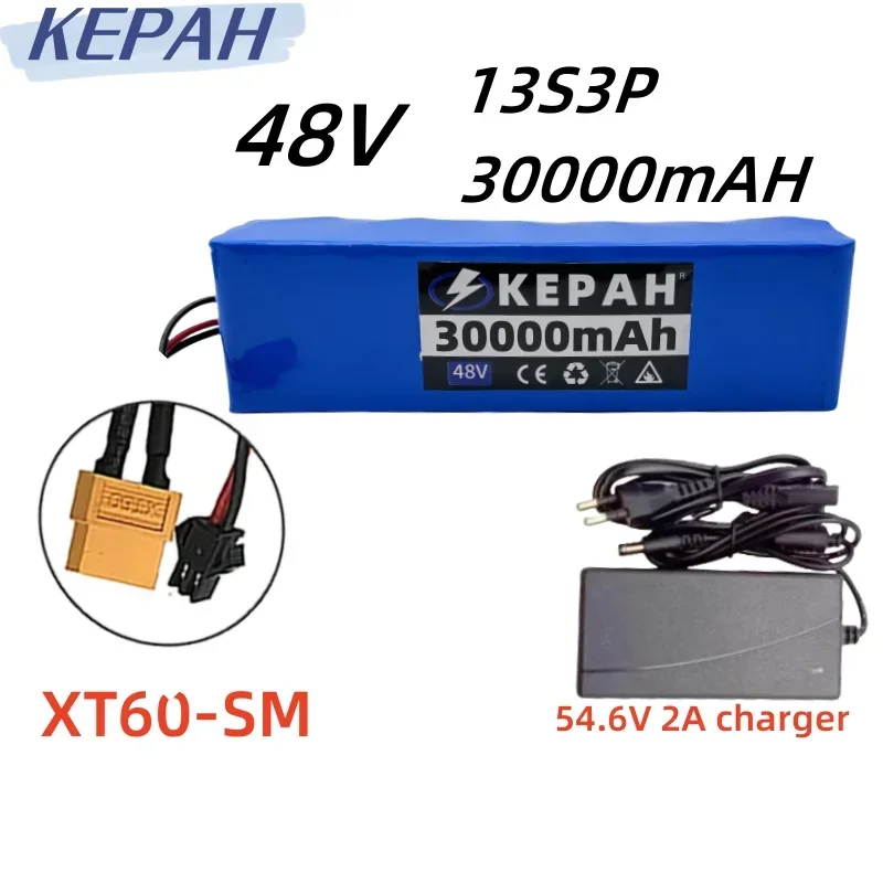 54.6V 30AH 18650 high-quality lithium-ion battery pack, 48V, 30000mAh, 2000W, 13S3P, 52V, with BMS and 54.6V charger