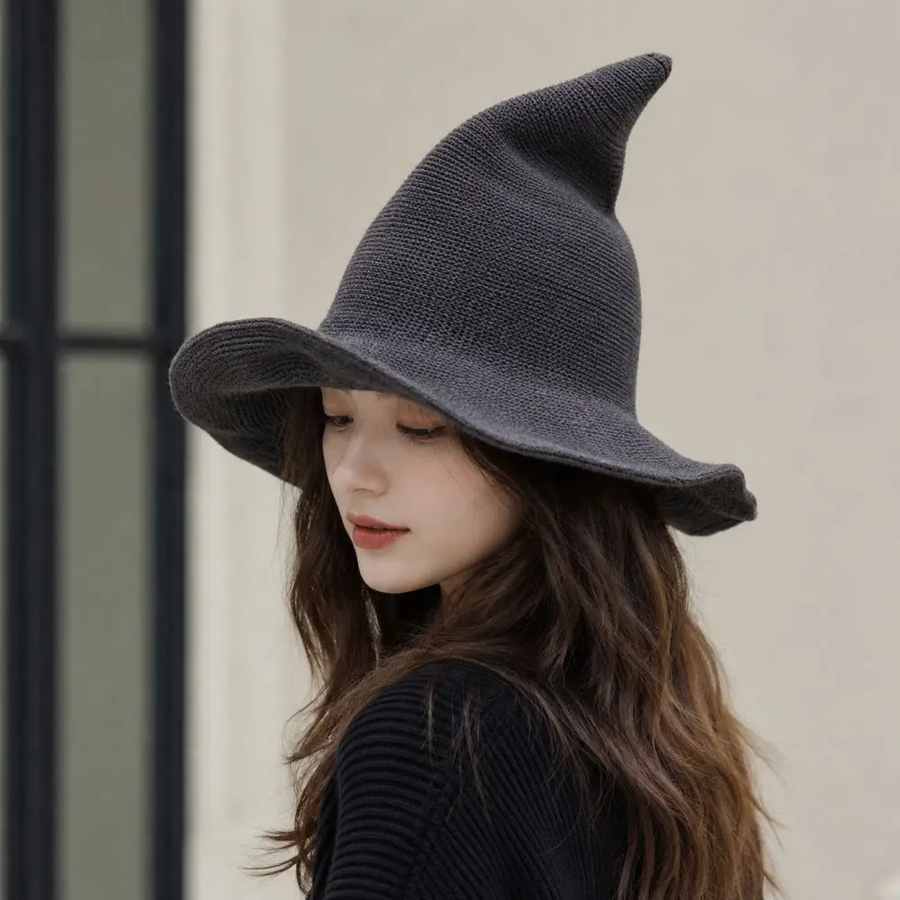 Fashionable Wool Knit Halloween Witch Hat Solid Color Pointed Design Pointed Hat High Quality Foldable Party Hat Halloween Party 3