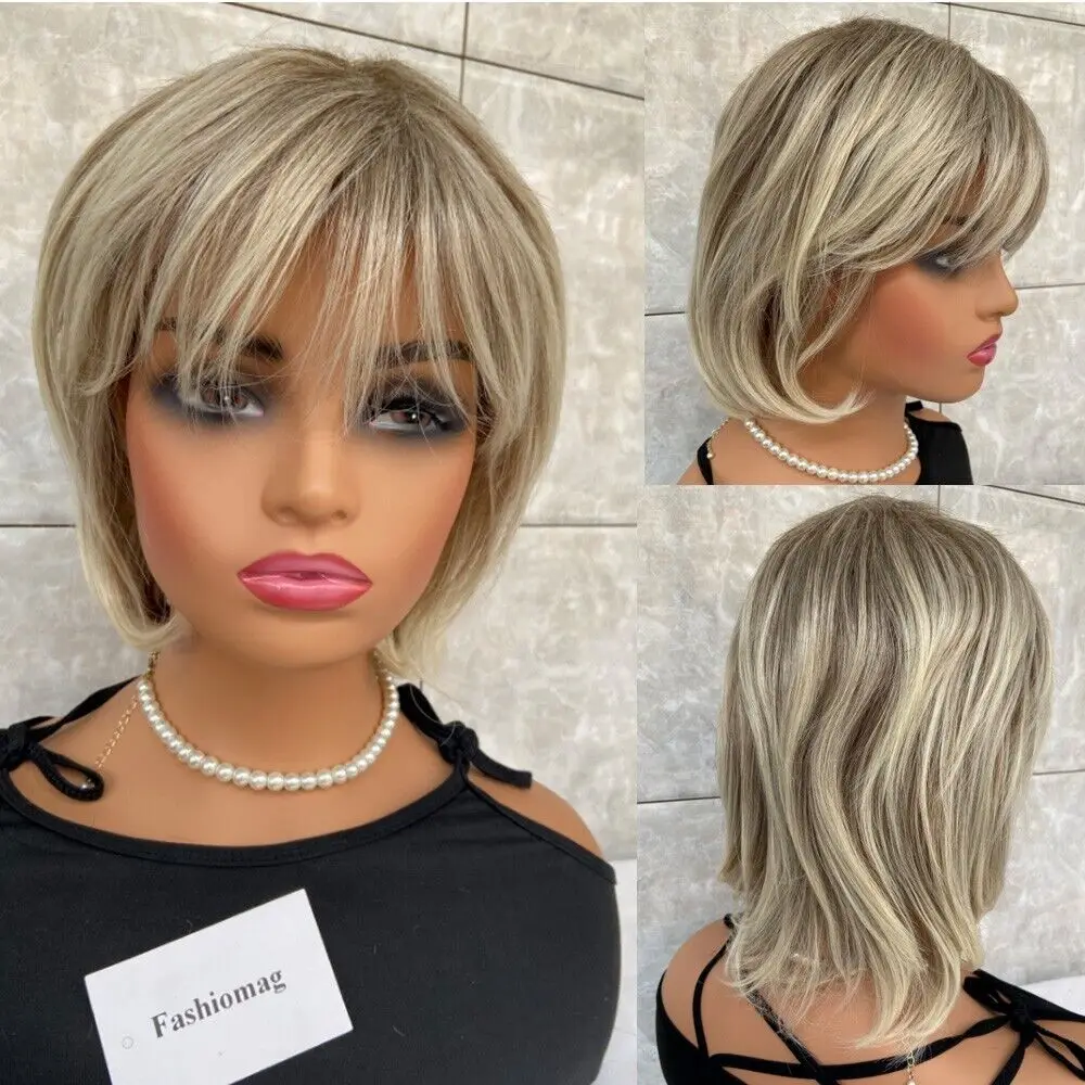 Short Bob Blonde Fluffy Hair Blend Heat Bangs Women Soft Wigs