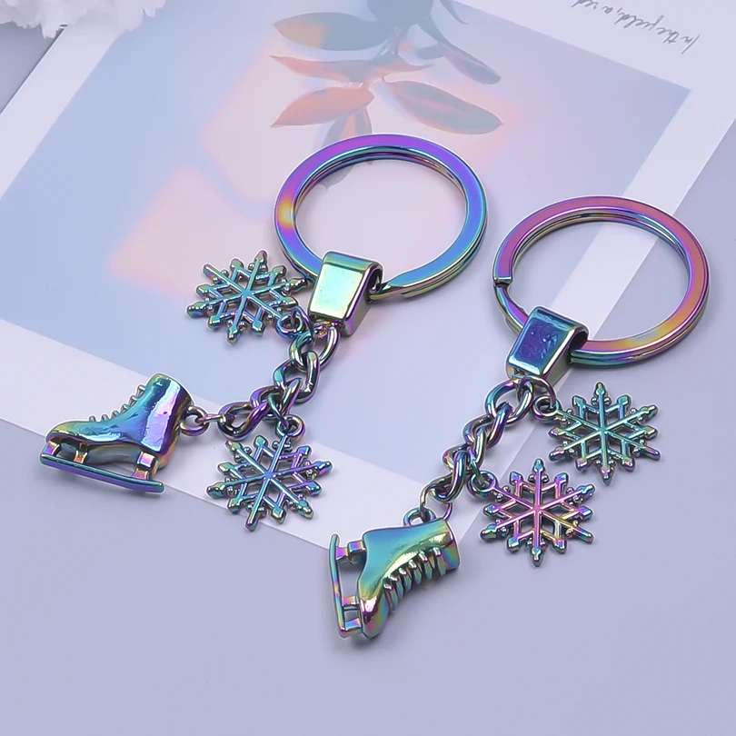 Punk Rainbow Figure Skating Snowflake Keychain for Jewelry Accessories Metal Keyrings Bag Car Key Alloy Pendant Trendy Trinket