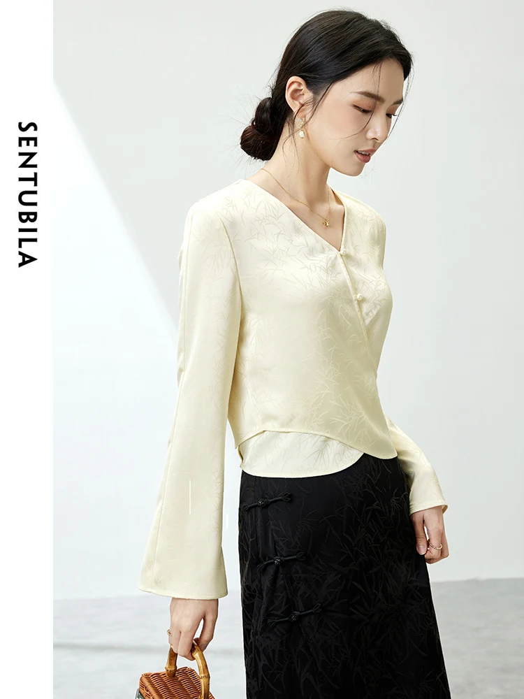 SENTUBILA Jacquard Light Apricot V-neck Shirt Chinese Style 2024 Lace-up Long Sleeve Chiffon Blouses Tops for Woman 141V52396