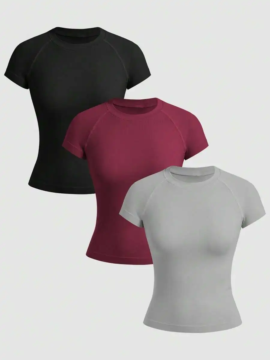 

Womens Short Sleeve Workout Tops Set Of Three Sports Shirts Gym Fitness Tees