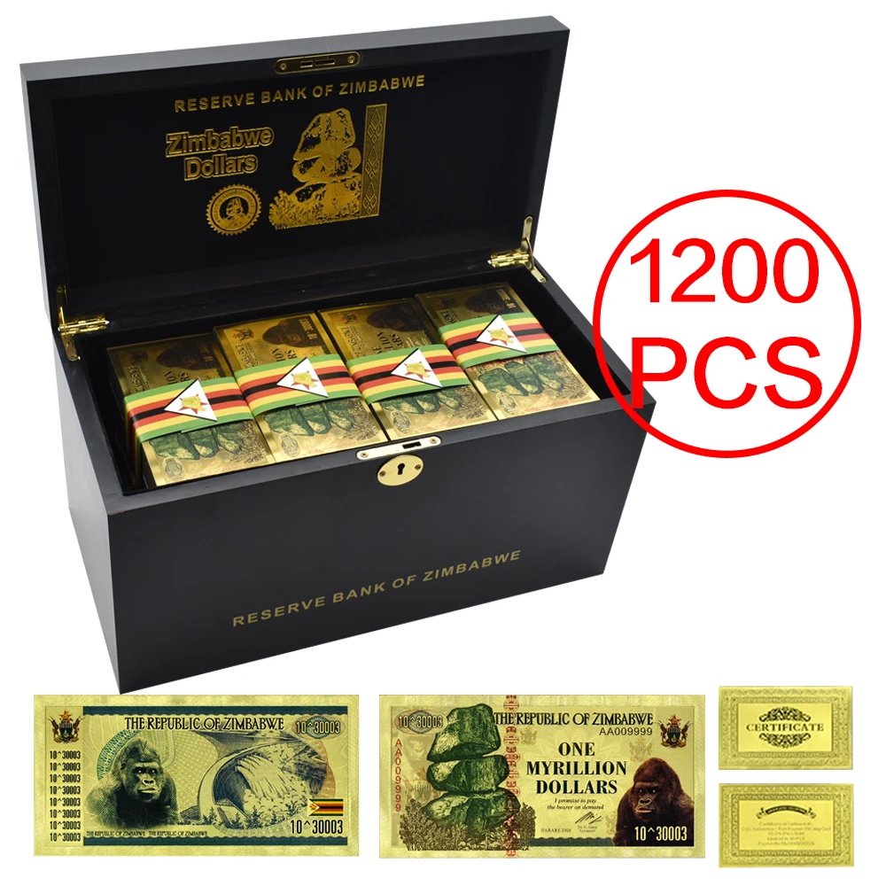 1200pcs Zimbabwe Gold Foil Banknotes Whole Case with Nice Wooden Box One Myrillion Dollars Money with Sealing Strip