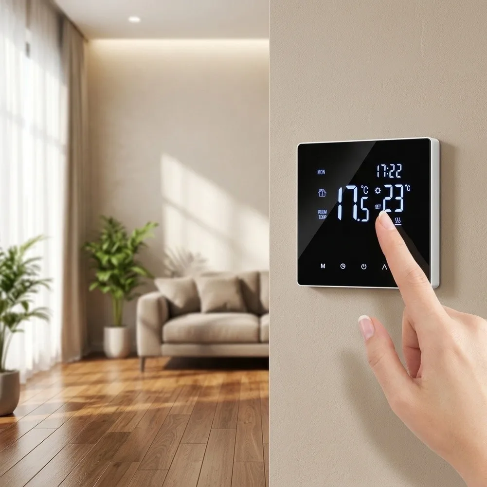 Programmable Touchscreen Thermostat for Radiant Underfloor Heating Featuring Dual Sensors and Energy Saving Mode