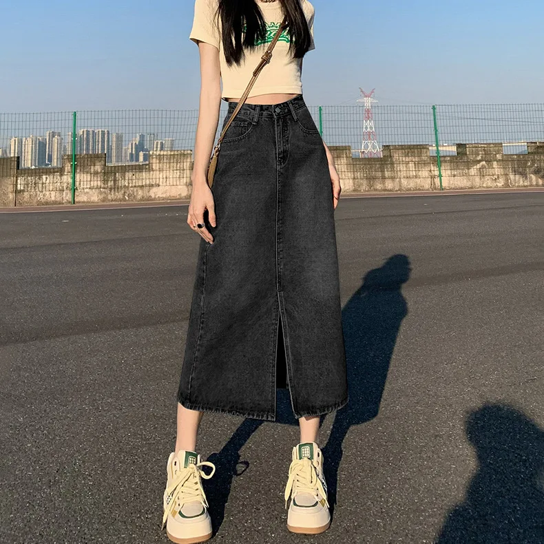 

High Waist A-Line Denim Skirt for Women Autumn Faion Long Skirts Commute Sle with kets Mid-Length Pure Color