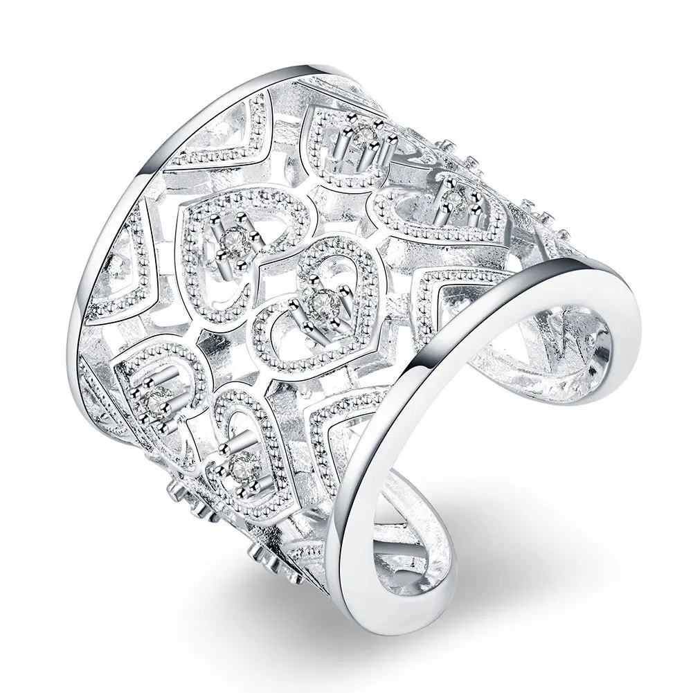 

New Popular 925 stamp silver color Jewelry Fine Big Wide Fresh Fashion Simple Heart-shaped Love Hollow Open Hole Rings
