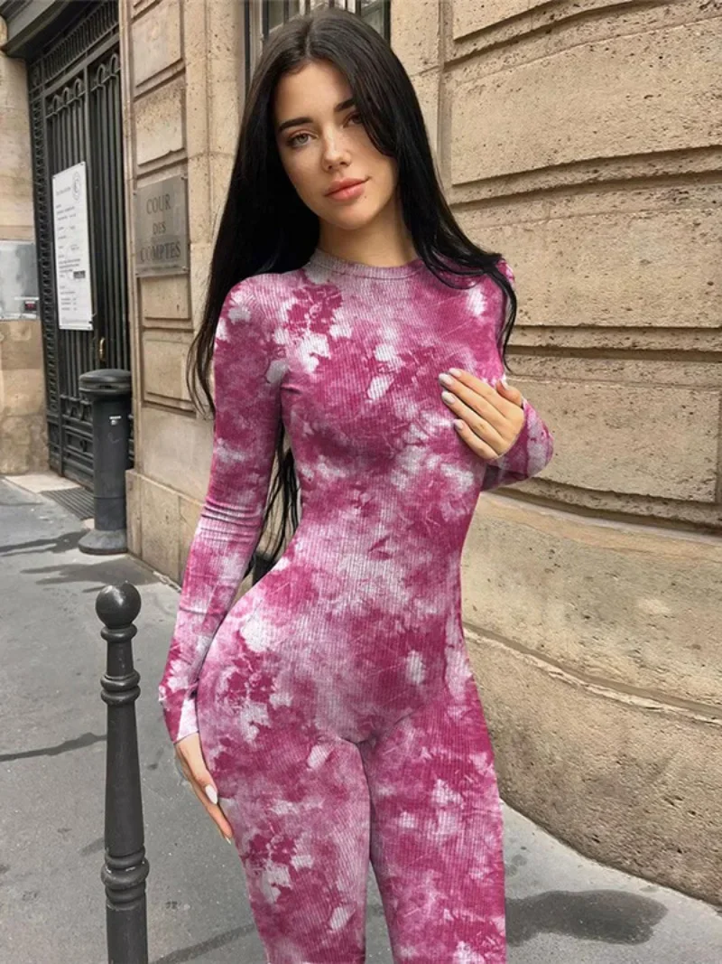 Vrouwen Gedrukt Rits Skinny Jumpsuits Herfst Winter Lange Mouw Hoge Taille Tie Dye Body Fitness Sport Overalls Streetwear