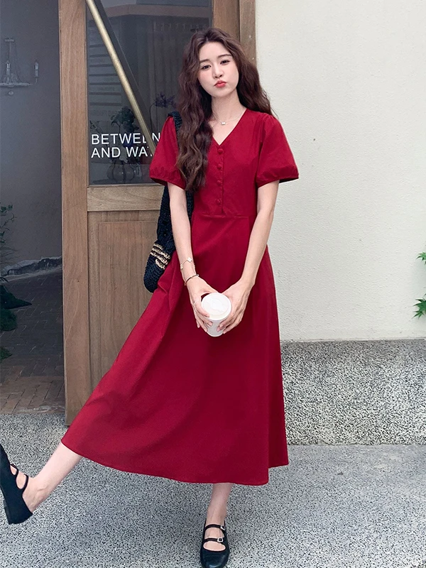 

plus Size Red A-Line Dress Women's Summer Slimming V-Neck Bubble Sleeve Casual Style Formal Occasion Wear Non-Iron Treatment