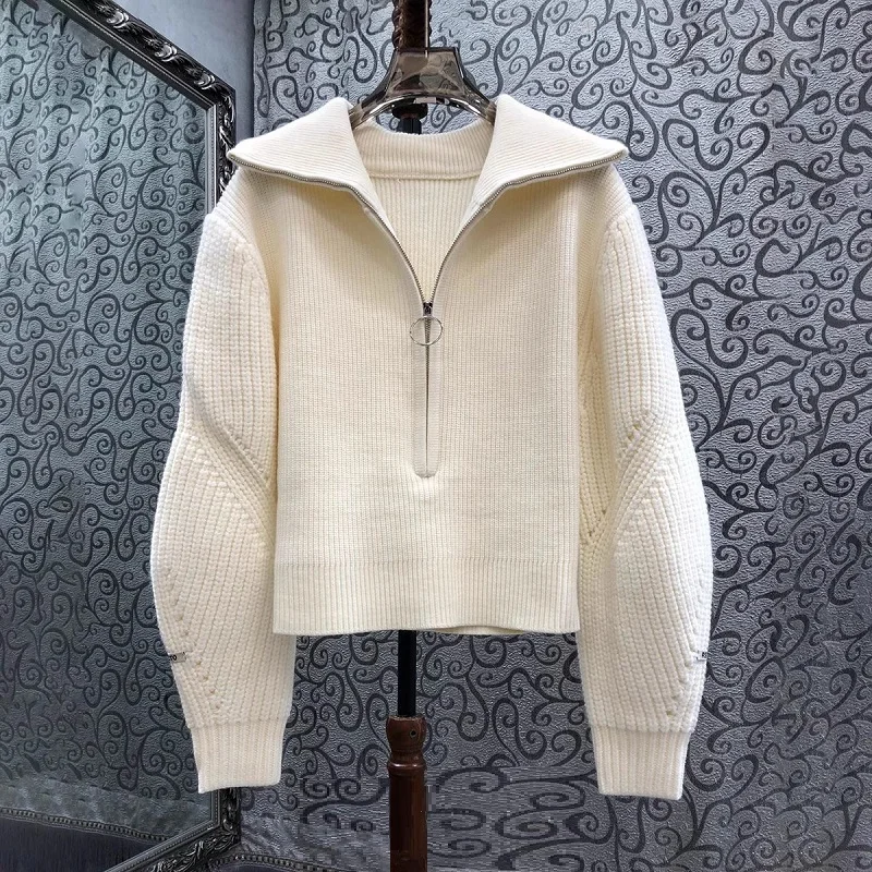 High Quality New Sweaters 2024 Autumn Winter Jumpers Women Turn-down Collar Wool Blend Knitting Long Sleeve Casual Beige Sweater