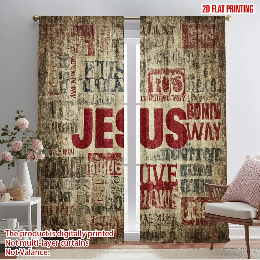 2pcs,2D plane printing Pattern Curtains Jesus_ Faith_ Love_ Light Durable Polyester (without rod) Versatile All Ldeal for Living
