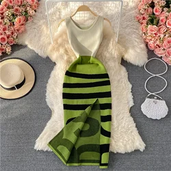 Vintage Striped Knitting Dress Women Elegant O-neck Sleeveless Slim Fit Bodycon Midi Dress Sexy Split Party Dress Summer Clothes