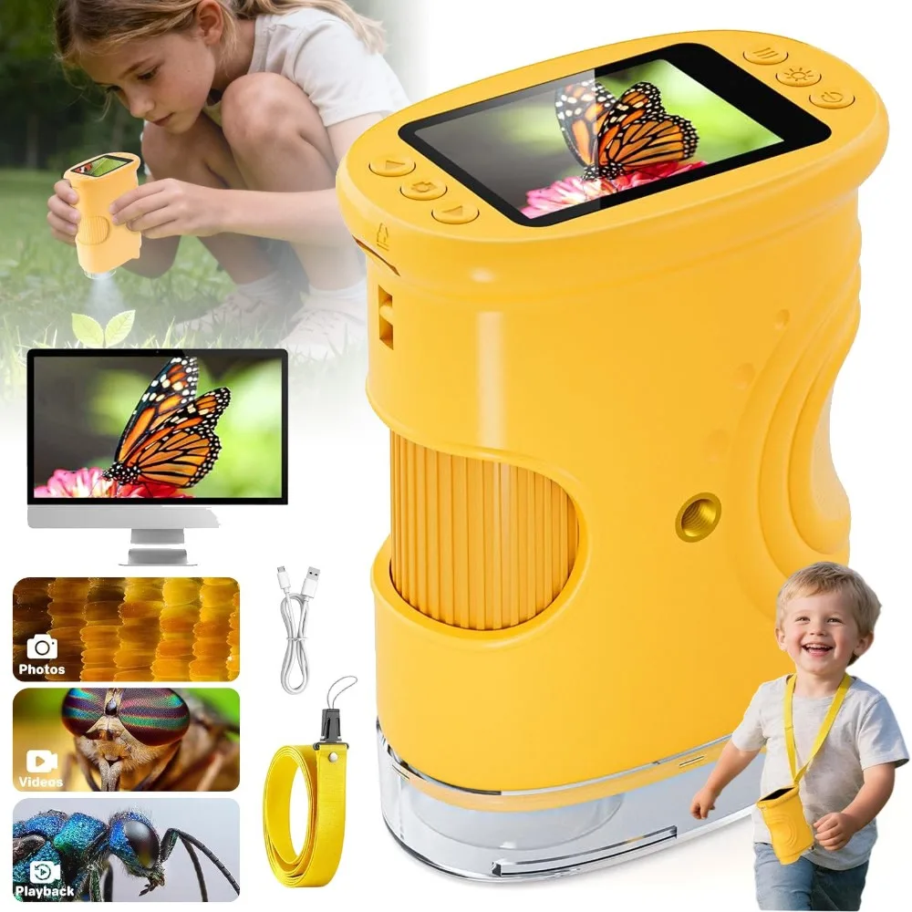 Microscope portatif pour enfants à zoom 1000x, résolution 2 mégapixels, microscope électronique portable, format de poche, jouet d'exploration scientifique, adapté à l'observation biologique dans les laboratoires scolaires, emballage en boîte cadeau, idéal comme cadeau d'anniversaire.