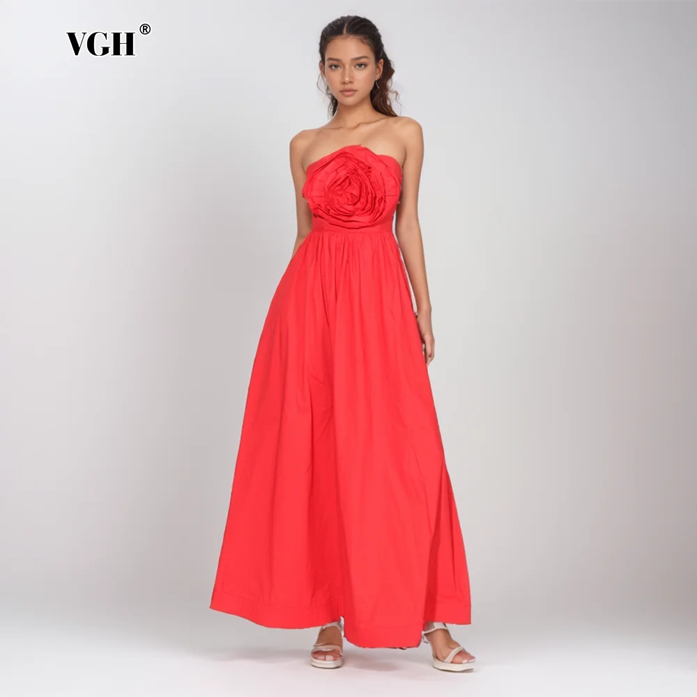 

VGH Elegant Chic Sexy Slimming Long Dresses For Women Strapless Sleeveless Backless High Waist Spliced Appliques Dress Female