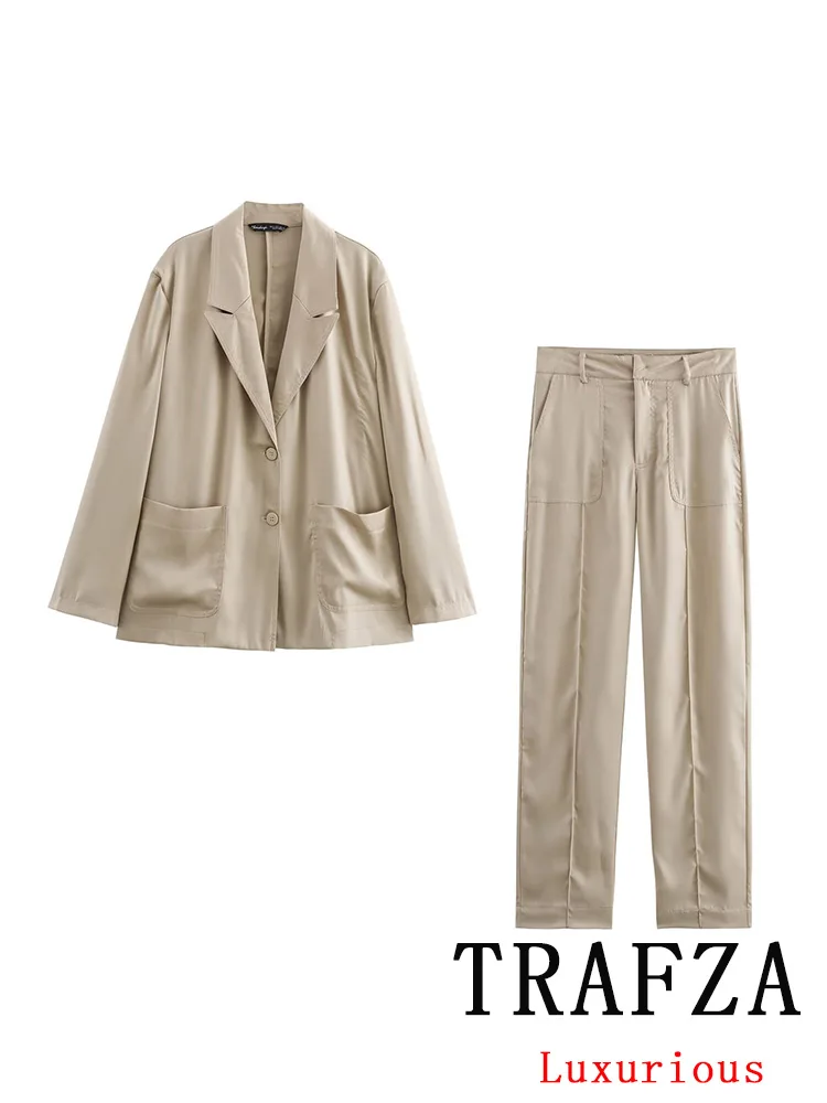 TRAFZA Vintage Office Lady Khaki Solid Women Suit Single Breasted Pockets Blazer Zipper Straight Loose Pants Fashion 2024 Sets