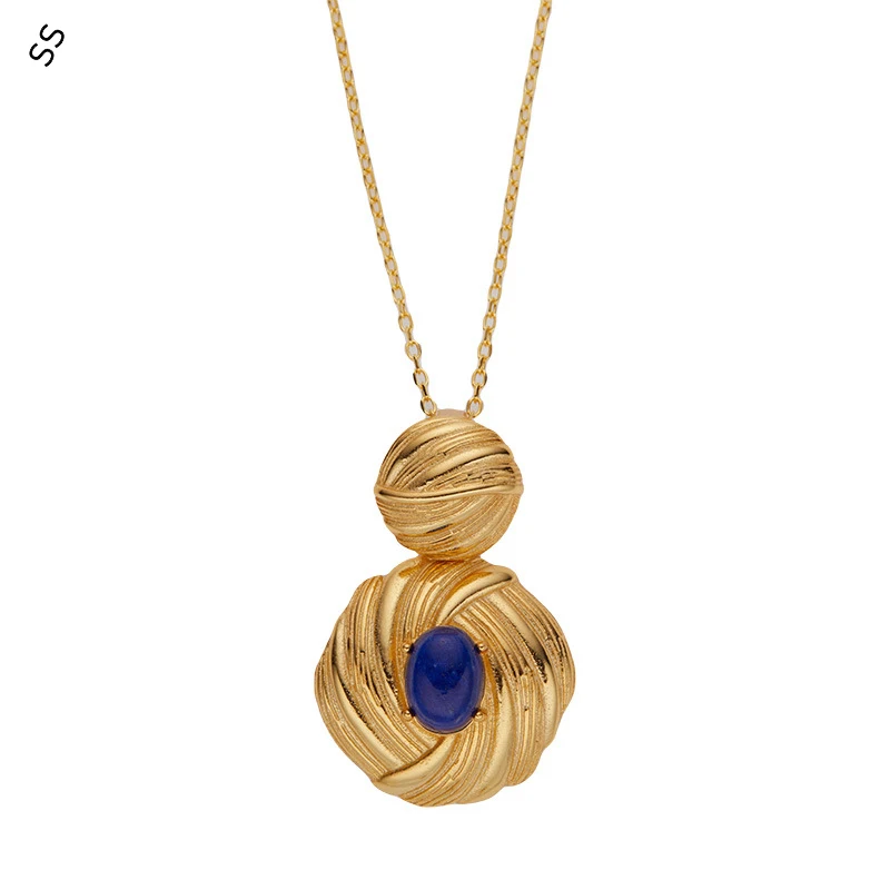 

Light Luxury S925 Silver Necklace with Natural Lapis Lazuli Gemstones Gold Chain Round Choker for Garment Accessories Fashion