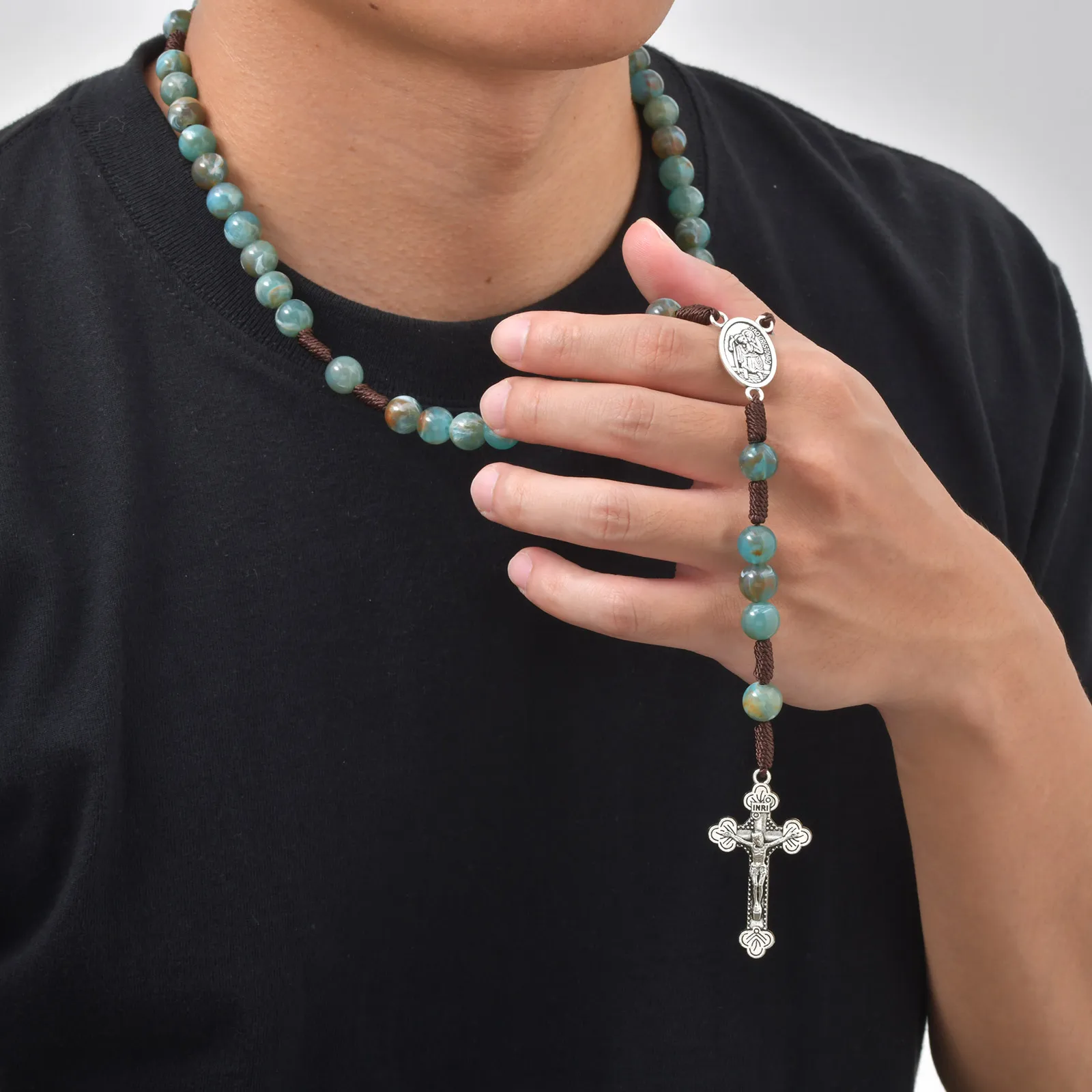 Saint Benedict Rosary Y Necklace for Men,Religious Long Bead Cross Car Pendant Necklace,Religious Orthodox Praying Jewelry - view 6