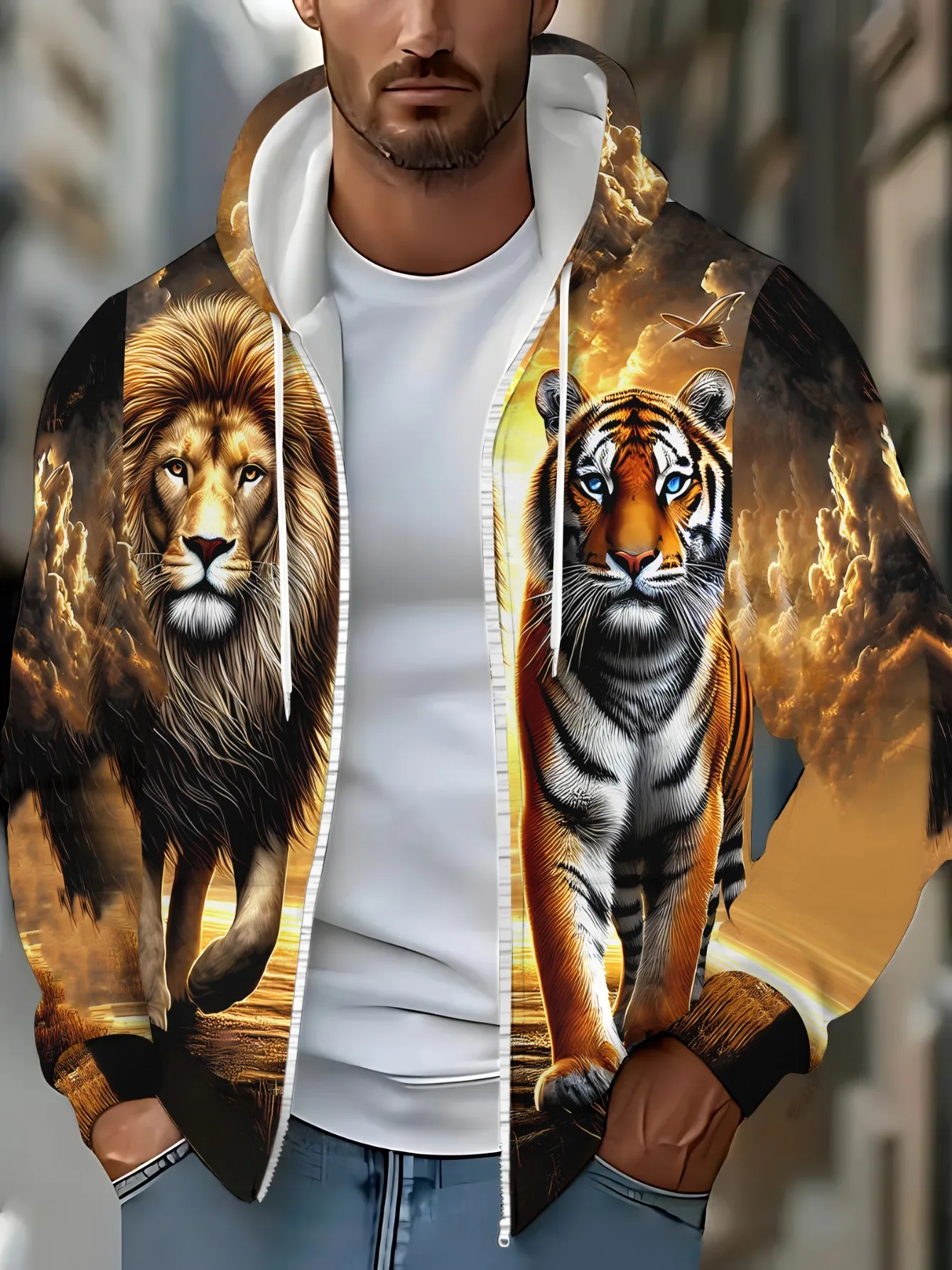 Moletom com capuz com zíper para homens com estampa de leão e tigre para uso em sala de estar, cores laranja e marrom vibrantes, leve e durável