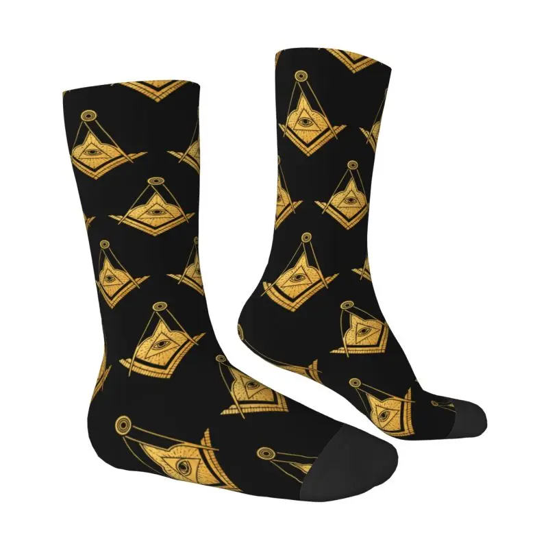 Fashion Golden Masonic Freemason Symbol Socks Women Men Warm 3D Printing Freemasonry Basketball Sports Socks