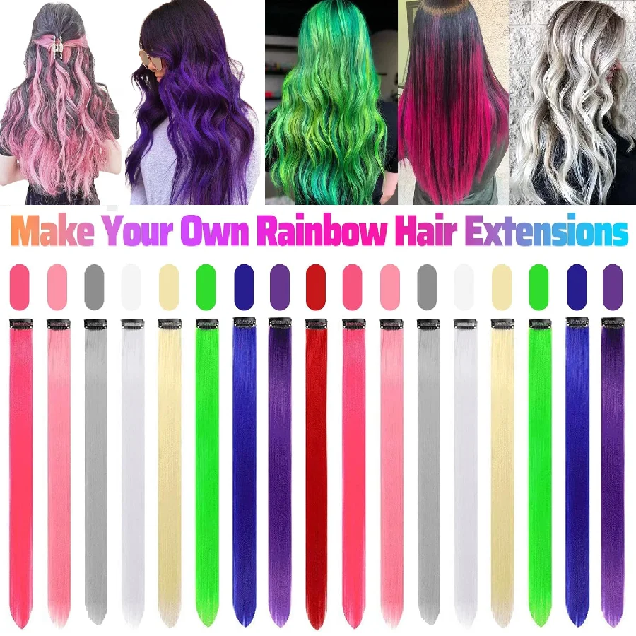6/12 PCS Hair Extensions Clip, 22in Colored Hair Extensions Party Highlights Long Straight Synthetic Hairpieces for Girls Cospla